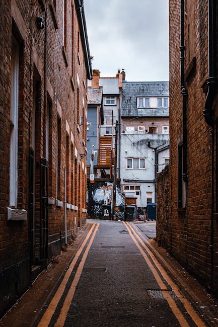 A narrow cobblestone alleyway situated between red brick residential buildings, with a black wrought iron gate at the end and a black wheelie bin positioned near the left side. The buildings feature traditional sash windows with white frames, some with small light fixtures mounted on the walls. Overhanging ivy or climbing plants are visible on one of the buildings, and leafless trees cast shadows on the scene, indicating an autumn or winter setting. The lighting is natural and slightly diffused, typical of an overcast day. This scene exemplifies the tight urban environment often encountered during house removals or furniture transport in historic housing areas, where careful navigation and logistical planning are required for successful move coordination, relevant to the Southgate N14 removals guide for narrow streets. Man and Van Southgate, a specialist in removals, likely manages such residential moves involving external access and precise handling of items through confined spaces.
